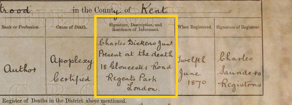 A close-up of the informant and address columns on a Victorian death certificate.