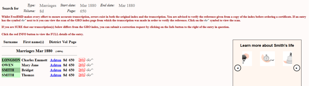 A FreeBMD wildcard search result screen displaying all individuals registered on the exact same marriage index page.