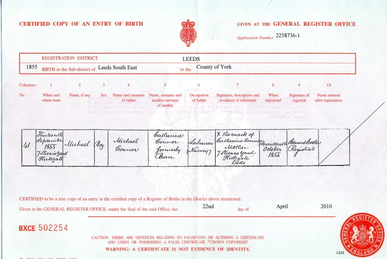 A certified copy of an historical 1855 English civil birth entry from the Leeds registration district showing mother's maiden name columns.