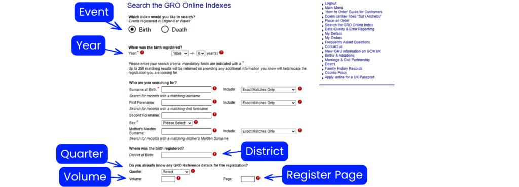 A screenshot of the official General Register Office online search form, showing the input fields for entering an ancestor's birth year, surname, and registration district.