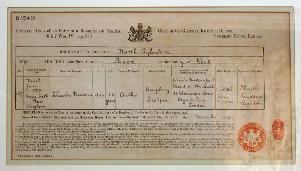 A certified historical example of a 19th-century English civil death certificate showing columns for cause of death and informant details.