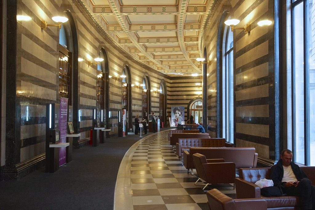 The interior of Manchester Central Library where original Lancashire parish registers are held.